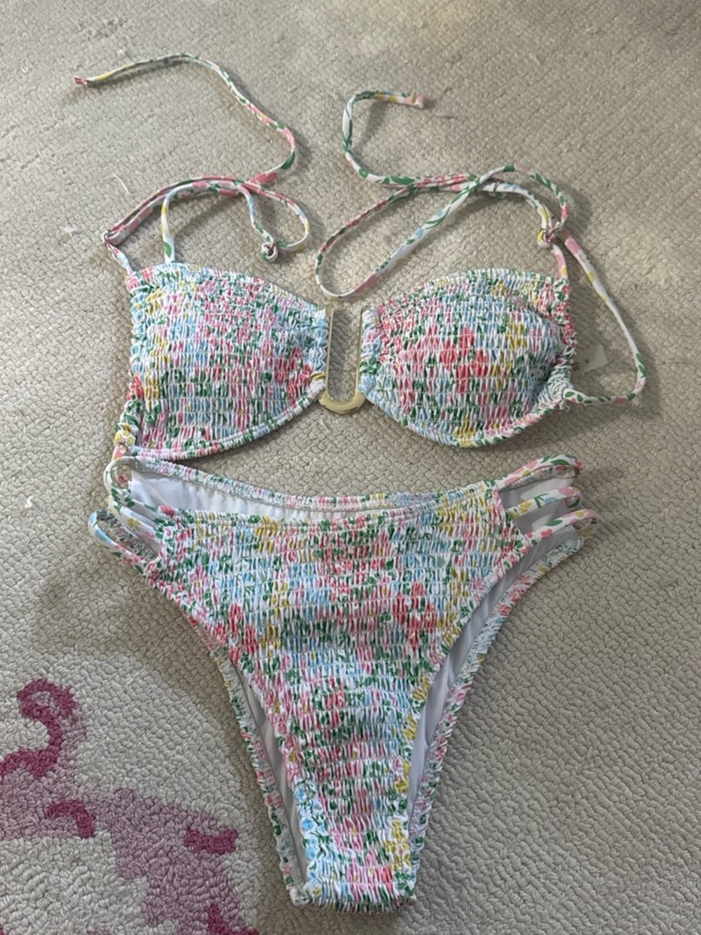 Smocked Floral Halter Bikini Set - Pink & Green